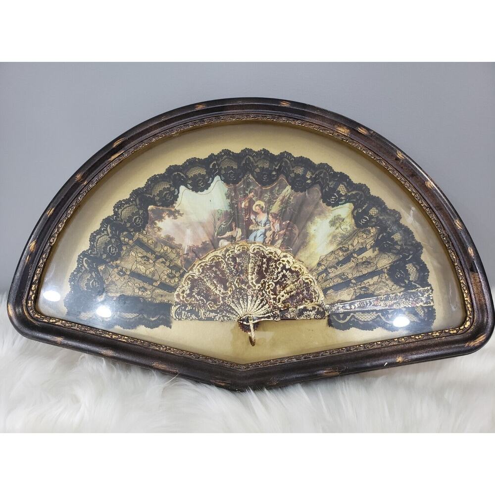 RARE GOLD LACE Antique Victorian fan wood frame glass cherub garden angel scene
